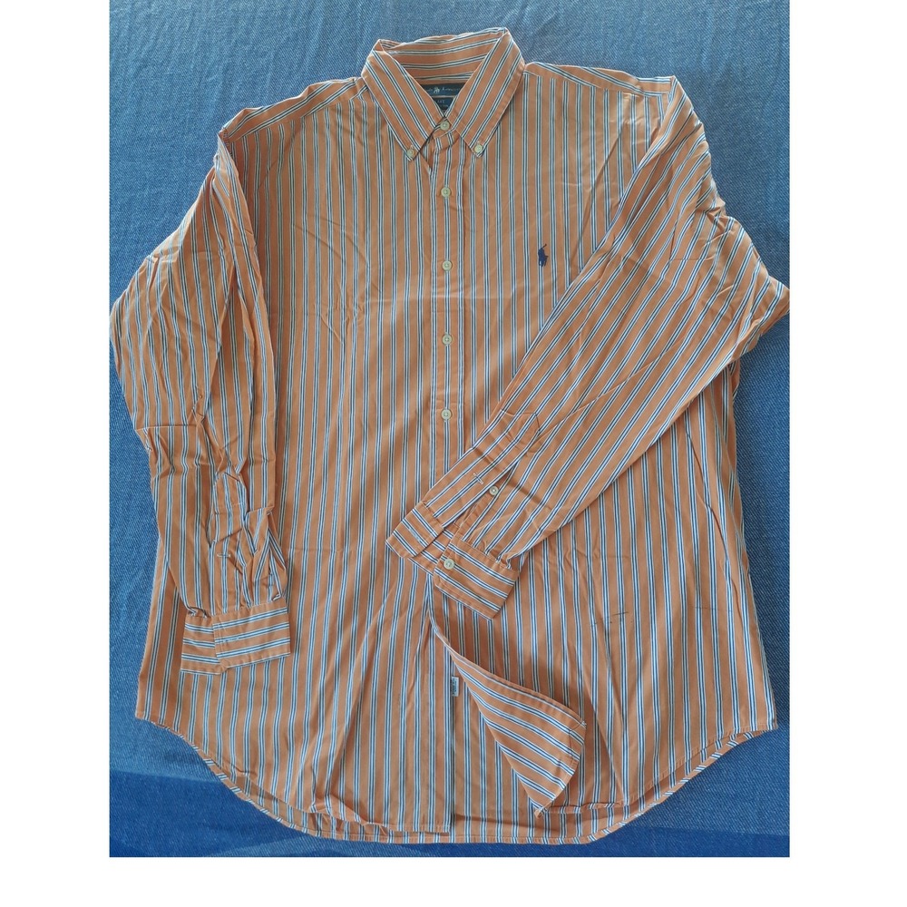 Ralph Lauren Blake Mens Large Orange Blue White Striped Cotton Button Shirt SEE